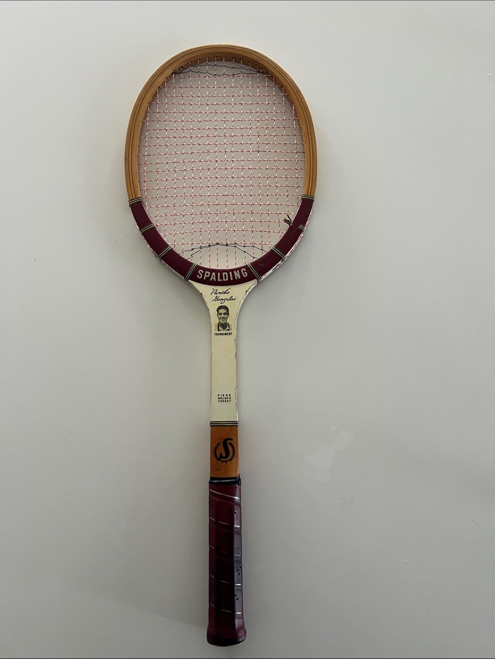 Vintage Spalding Burgundy and Cream Wooden Tennis Racket